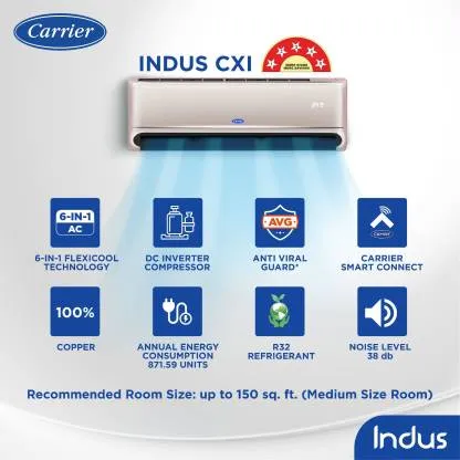 Carrier 18K 5 Star Indus CXi Smart AC Hybrid Jet Inverter R32 Split AC/CAI18IN5R31W1 1.5 Ton, 5 Star, Copper Coils, Inverter Compressor,  Smart, Split Air Conditioner