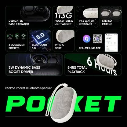 Realme Pocket Speaker with Bass Radiator 3 Watts, Portable, Speaker