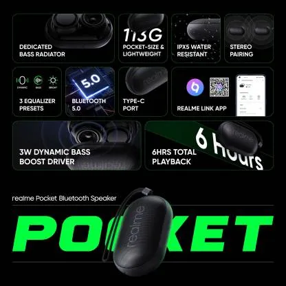 Realme Pocket Speaker with Bass Radiator 3 Watts, Portable, Speaker
